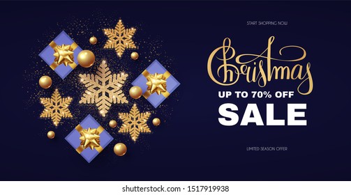 Christmas Sale design template with gifts, glossy golden balls, elegant gold snowflakes and lettering.