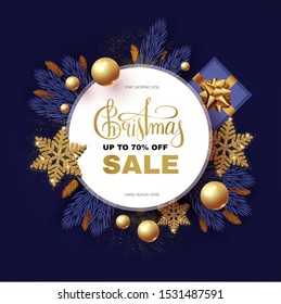 Christmas Sale design template with gifts, fir tree branches, glossy golden balls, elegant gold snowflakes and lettering.