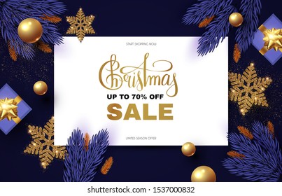 Christmas Sale design template with gifts, fir tree branches, glossy golden balls, elegant gold snowflakes and lettering.