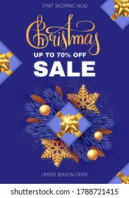 Christmas Sale design template with gifts, fir tree branches, glossy golden balls, elegant gold snowflakes and lettering.
