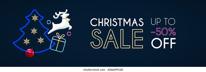 Christmas sale design template with jumping deer, fir tree, gift and neon light effect. Super season offer with lights.