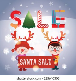 Christmas sale design template.  Landscape with kids and Santa Sale sign.