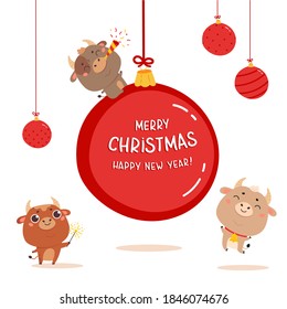 Christmas sale design template. Three funny Xmas cute ox with giant Christmas ball with lettering. New year element for design of poster,greeting cards,banners. Merry Christmas and happy New Year. 