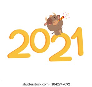 Christmas sale design template. Xmas cute ox with giant lettering 2021 blows a pipe with confetti. New year element for design of poster,greeting cards,stickers,banners. Merry Christmas. 