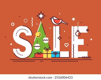 Christmas sale design template. Xmas sale composition with balls, snowflakes, Christmas tree and bullfinch for print or web. Thin line vector illustration.