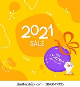 Christmas sale design template.2021 sale.Christmas banner.Xmas cute bull with giant ball and abstract background.New year design of poster, card, headers website.Vector cartoon illustration