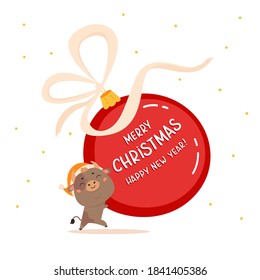Christmas sale design template.Xmas cute ox with giant Christmas ball with lettering.New year element for design of poster,greeting cards,stickers,banners.Merry Christmas and Happy new year. 