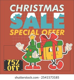 christmas sale design vector sticker baner or poster retro character