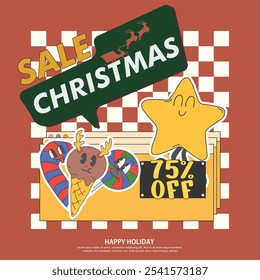 christmas sale design vector sticker baner or poster retro character