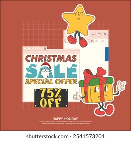 christmas sale design vector sticker baner or poster retro character