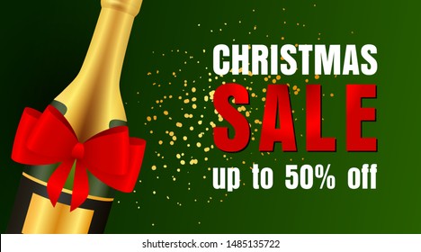 Christmas Sale design with well-decorated champagne bottle and yellow confetti coming on dark green background. Up to fifty percent lettering can be used for posters, leaflets, announcements