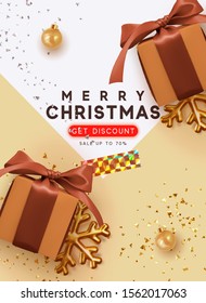 Christmas sale, discount up to 70%. Xmas background with realistic brown gift boxes, golden shiny confetti, holiday bauble balls. Template New Year banner, poster, Advertising flyer brochure