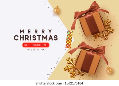 Christmas sale, discount up to 70%. Xmas background with realistic brown gift boxes, golden shiny confetti, bauble balls. Template New Year banner, poster, greeting card. Advertising flyer brochure