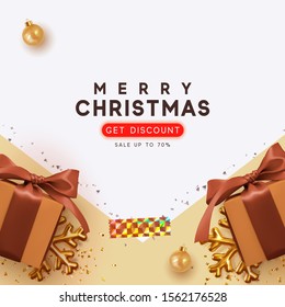 Christmas sale, discount up to 70%. Xmas background with realistic brown gift boxes, golden shiny confetti, bauble balls. Template New Year banner, poster, greeting card. Advertising flyer brochure