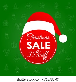 Christmas sale and discount banner. 35 percent price off. Xmas and holiday badge or tag on the background with Christmas icons. Vector illustration.