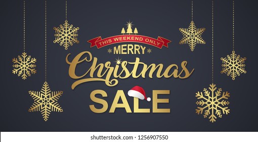 Christmas sale discount banner design template typography, christmas tree, santa’s hat, hanging stars, balls and ribbon decoration for flyers, poster, web and card vector illustration