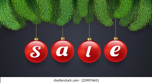 Christmas sale discount banner design template christmas tree and balls decoration for flyers, poster, web and card vector illustration