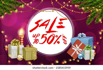 Christmas sale. Discount banner with gift, Christmas tree branch and Christmas ball