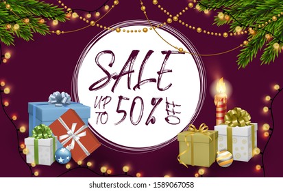 Christmas sale. Discount banner with gift, Christmas tree branch and Christmas ball