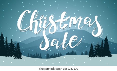 Christmas sale, discount banner with large lettering and winter landscape with mountains on the horizon, pine forest and snow on background