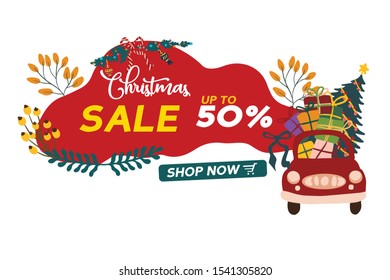 Christmas sale discount banner with modern and fun illustrations