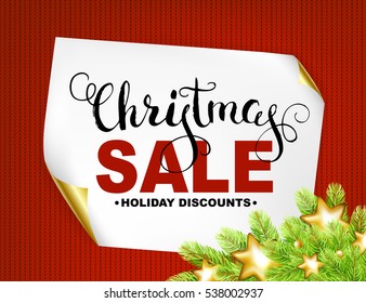 Christmas sale discount  banner on knitted  texture background. Callygraphy text in paper frame with fir-tree. Vector illustration.