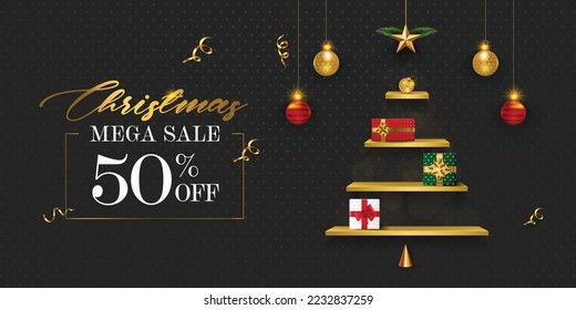 planilla de banner de descuento de venta de Navidad . Estante en forma de árbol de Navidad decorado con elementos festivos