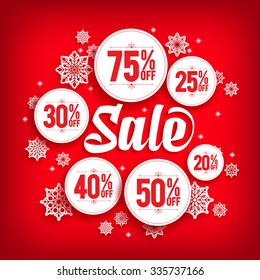 Christmas Sale Discount in Circles with Snowflakes in Red Background. Vector Illustration
