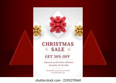 Christmas sale discount decorative promo flyer template premium gift box top view realistic 3d icon vector illustration. Xmas winter seasonal shopping special offer white poster present surprise