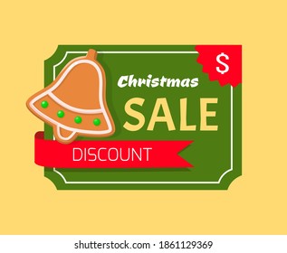 Christmas sale discount, gingerbread jingle bell isolated sale card. Vector promo poster with sweet cookies and special offer, price tag on beige, voucher