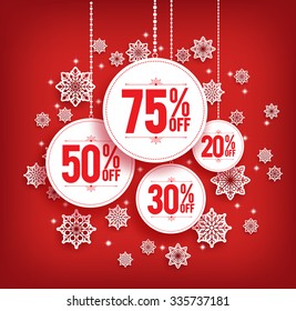 Christmas Sale Discount Hanging with Snowflakes in Red Background. Vector Illustration
