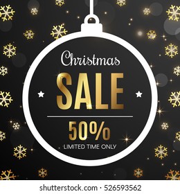 Christmas Sale Discount Hanging with Snowflakes in Red Background. Vector Illustration