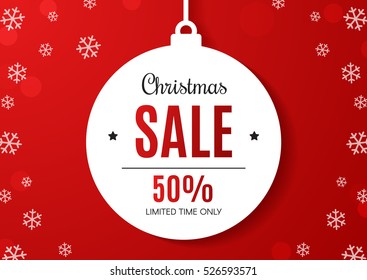 Christmas Sale Discount Hanging with Snowflakes in Red Background. Vector Illustration