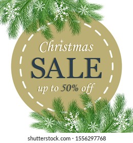 Christmas sale. Discount label with Christmas branches and snowflakes on white background. Vector illustration in paper style.