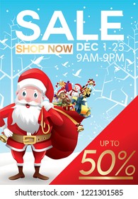 Christmas sale discount offer. Cartoon Santa Claus with huge red bag with presents in snow scene for New Year promotion banners, headers, posters, stickers and labels