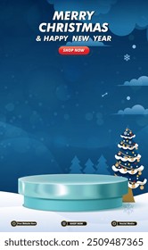 christmas sale discount portait template banner with blank space 3d podium for social media post product sale with abstract gradient blue background design 17