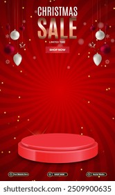 christmas sale discount portait template banner with blank space 3d podium for social media post product sale with abstract gradient red background design 15