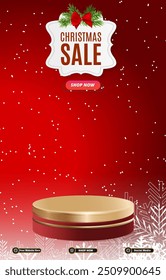 christmas sale discount portait template banner with blank space 3d podium for social media post product sale with abstract gradient red background design 24