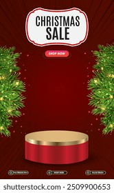 christmas sale discount portait template banner with blank space 3d podium for social media post product sale with abstract gradient red background design 26