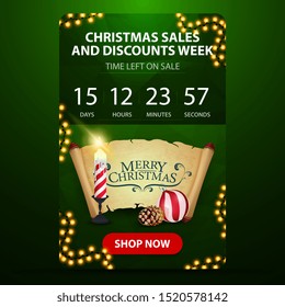 Christmas sale and discount week, green web banner with button, countdown timer to the end of discounts, Christmas candle, old parchment, Christmas ball and cone