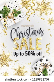 The Christmas sale. Discounts up to 50 percent. White Banner for website or advertising flyer. Realistic vector. Gold sequins and Christmas gift boxes. Festive new year design template. EPS10.