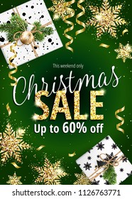 Christmas sale. Discounts up to 60 percent. Festive Banner for website or advertising flyer. Realistic vector. Golden, green and white colors. Festive new year design template. EPS10.