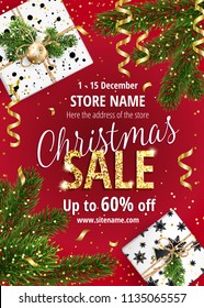 The Christmas sale. Discounts up to 60 percent. Banner for website or advertising flyer. Realistic vector. Golden, red and green firs. Festive new year design template. EPS10.