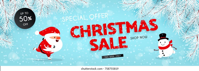 Christmas sale, discounts. Festive advertising banner with fun New Year symbols and symbols. Santa Claus is skating. Snowman is running. Snow, Branches of the Christmas tree. Vector illustration