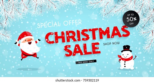 Christmas sale, discounts. Festive advertising banner with fun New Year characters and symbols. Santa Claus, Snowman, Snow, Branches of the Christmas tree. Vector illustration