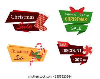 Christmas sale and discounts offers for winter holidays vector. Isolated logotypes decorated by symbolic icons, socks with pine tree, candy and bow