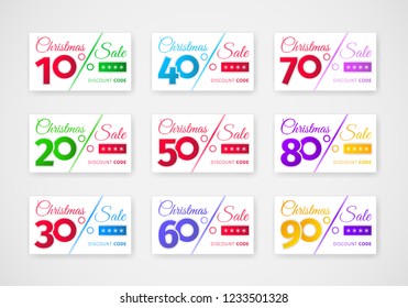 Christmas sale discounts template. Set of coupons with different percentages -10, 20, 30, 40, 50, 60, 70, 80, 90. Stylish design of sales cards. Realistic white banner on white. Eps 10 vector.