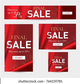 Christmas sale. Christmas discounts. The template for standard format banners: horizontal, vertical, square. Festive red background with gold letters and shine	