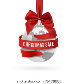 Christmas sale, earth icon with red bow and ribbon around, isolated on white background. Greeting card, brochure or poster template. Vector illustration.