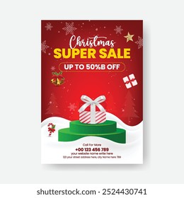 Christmas sale editable print flyer or poster template, Christmas sale leaflet, merry Christmas party invitation greeting card, new year sale offer flyer or poster design, 3d snowman podium background